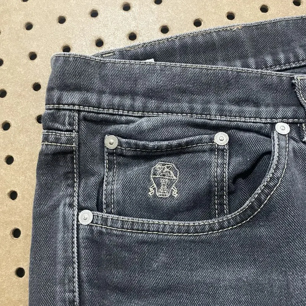 Brunello Cucinelli Jeans 42x34 Black Washed Denim Straight Leg Button Fly Italy